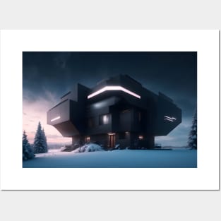 Black futuristic house in snowy place Posters and Art